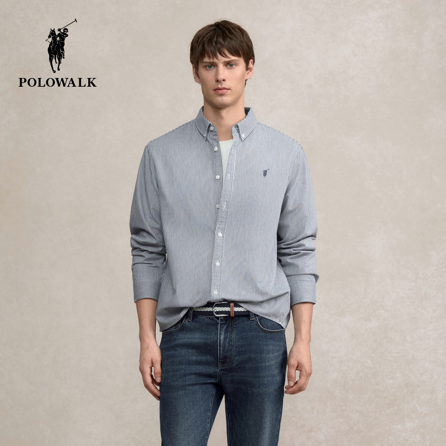 POLOWALK男式长袖衬衫2026春季新品条纹翻领开衫休闲百搭上衣外穿