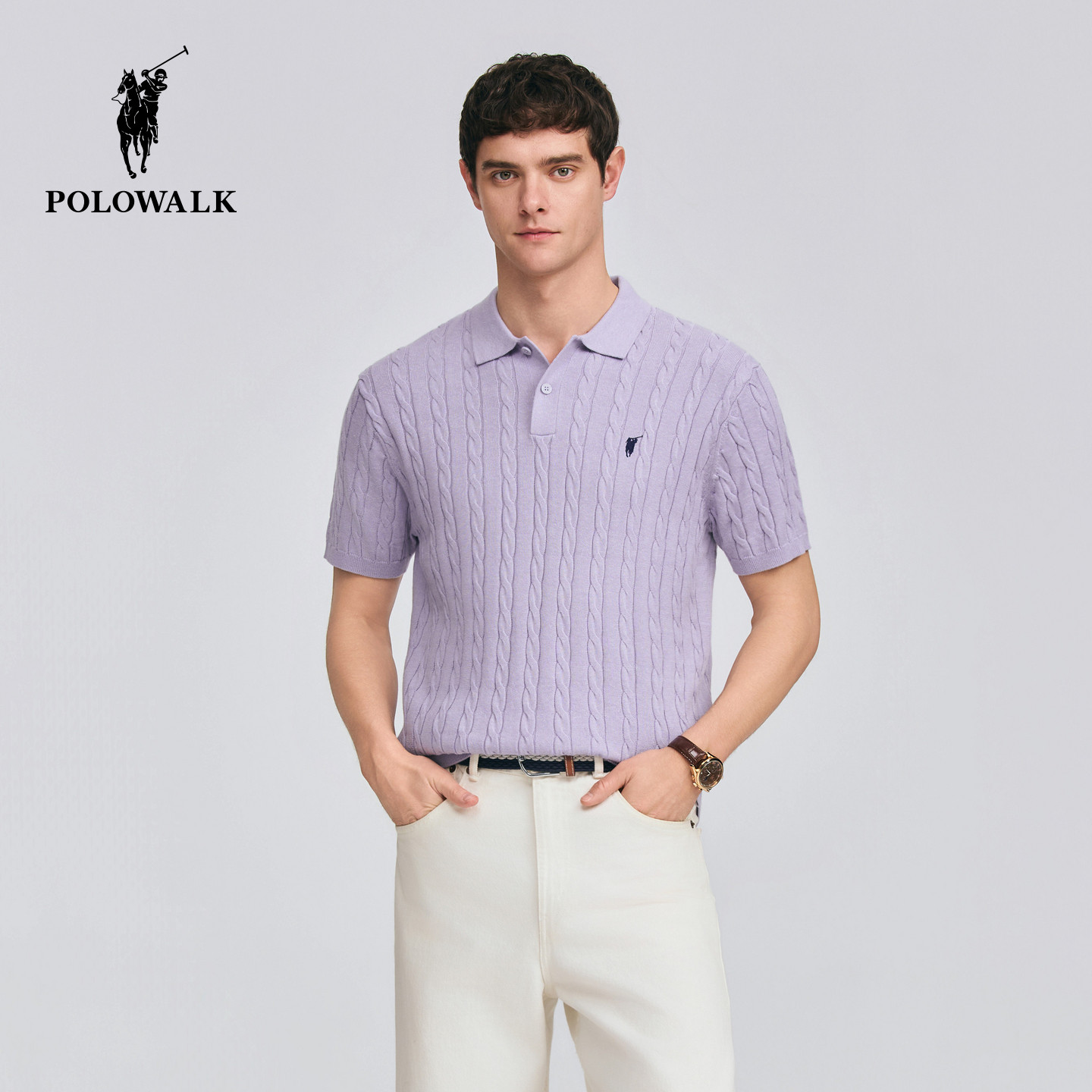 POLOWALK男式短袖针织衫2026春季新品男装绞花套头短袖针织POLO衫