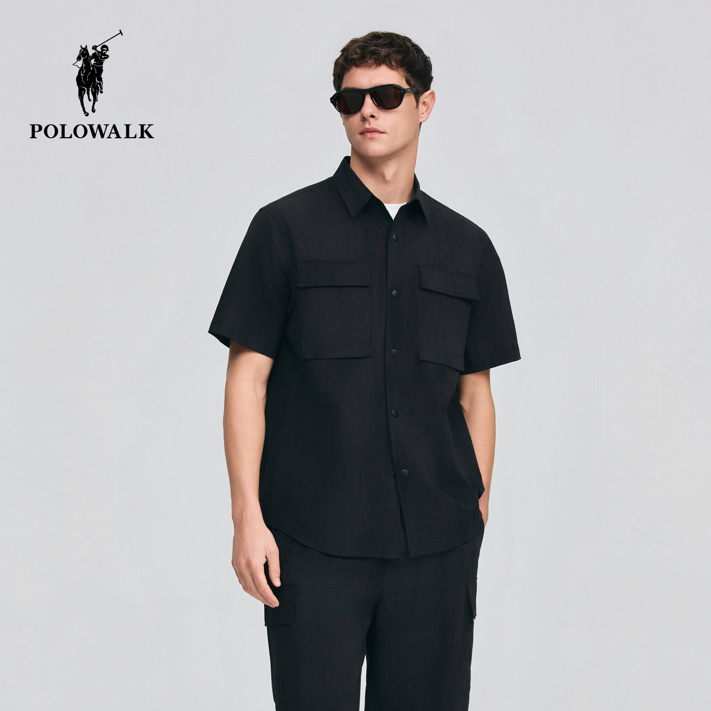 【套装】POLOWALK男式短袖衬衫2026夏季新品经典翻领衬衫休闲短裤