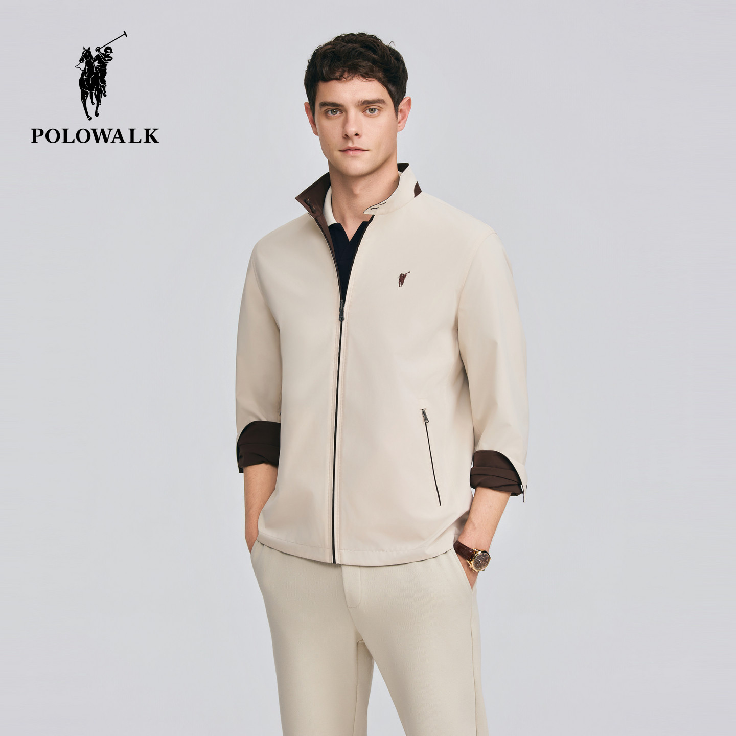 POLOWALK男式夹克2026秋季新品双面穿经典立领双排扣休闲夹克外套