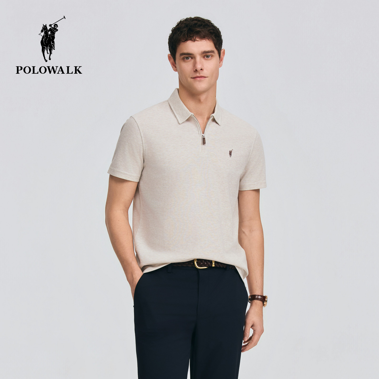 POLOWALK男式POLO衫2026夏季新品经典翻领半拉链商务短袖POLO衫
