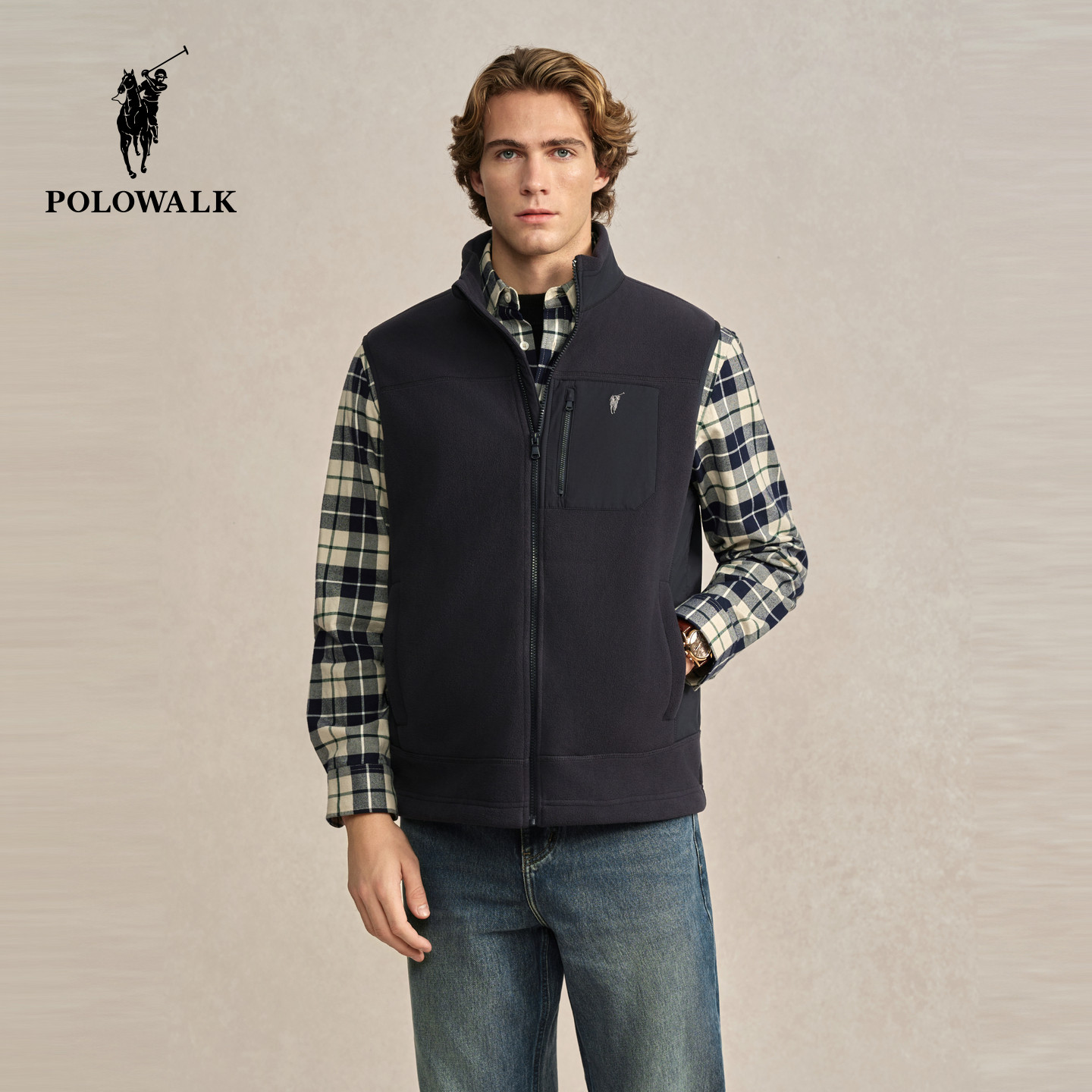 POLOWALK男式马甲2025冬季新品拼接立领休闲简约百搭摇粒绒马甲,男装,常规马甲,淘宝优惠券,粉丝福利购,淘宝优惠卷