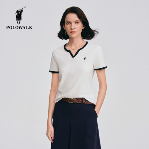 POLOWALK女式短袖2026夏季新品时尚撞色圆V领显瘦通勤百搭短袖T恤