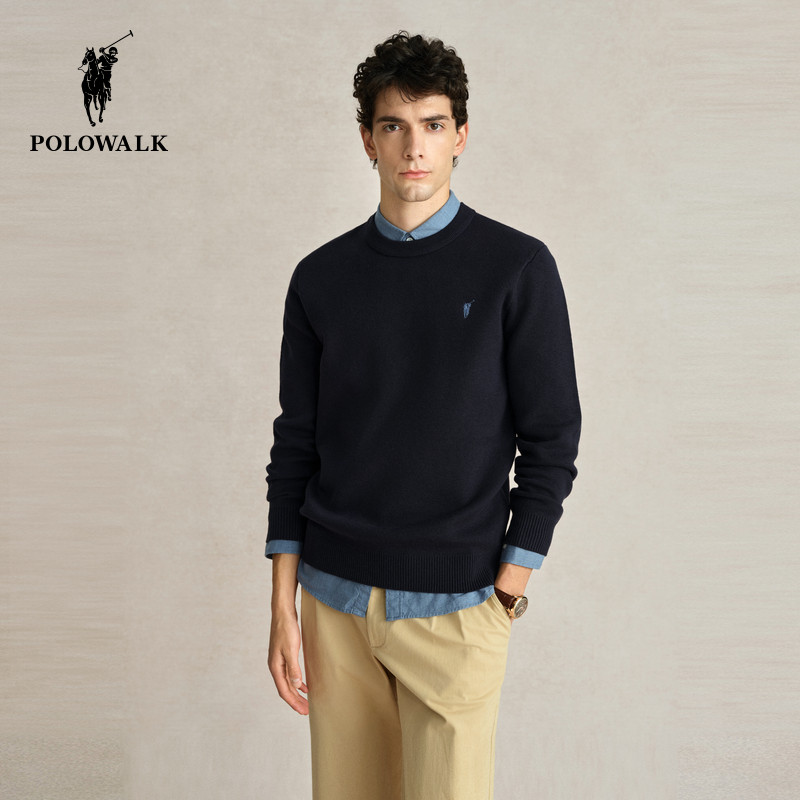 POLOWALK男士圆领针织衫秋冬纯色百搭羊羔绒打底衫套头毛衣男