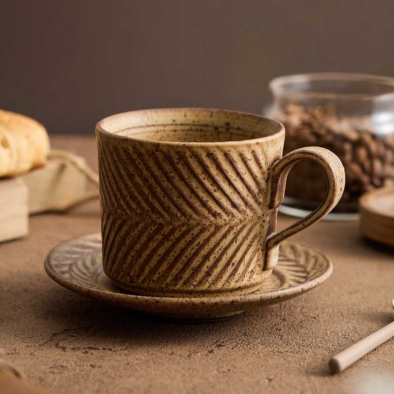 含羞草复古咖啡杯陶瓷中古高颜值杯子马克杯下午茶具杯碟套装带勺