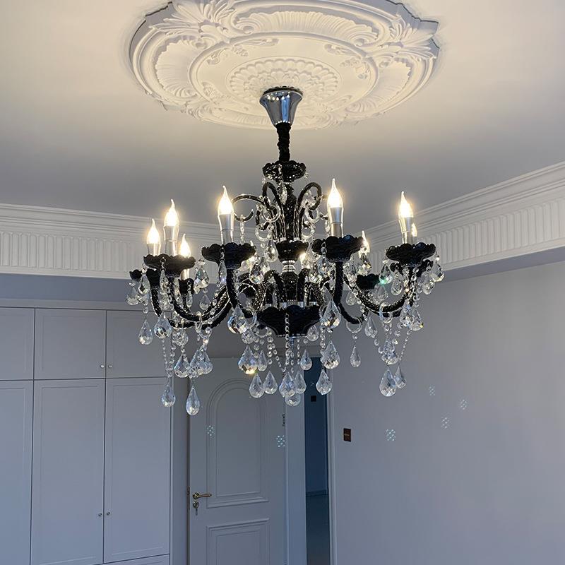 黑色蜡烛灯复古法式客厅吊灯水晶房间主灯欧式高端大灯大气餐厅灯