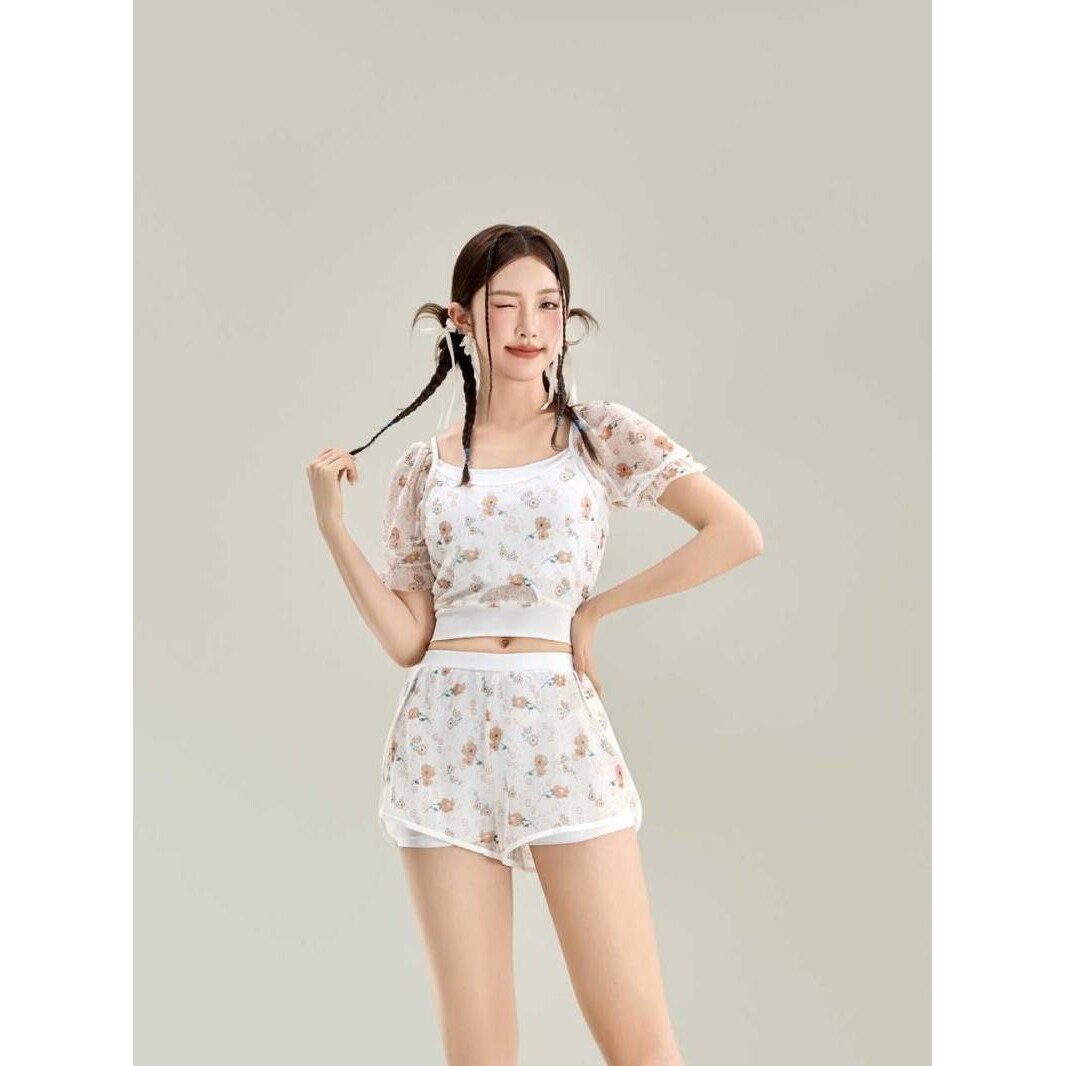 新款少女小清新碎花分体泳衣女两件套时尚ins风平角裤海边沙滩泳