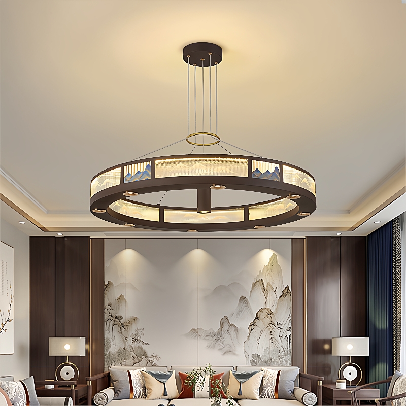 2025新中式客厅吊灯餐厅饭店包房别墅会所书房茶室LED圆形吊灯具