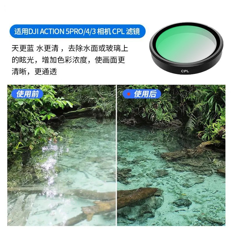 米丢适用DJIAction5pro/4/3运动相机黑柔CPL偏振鏡ND減光鏡