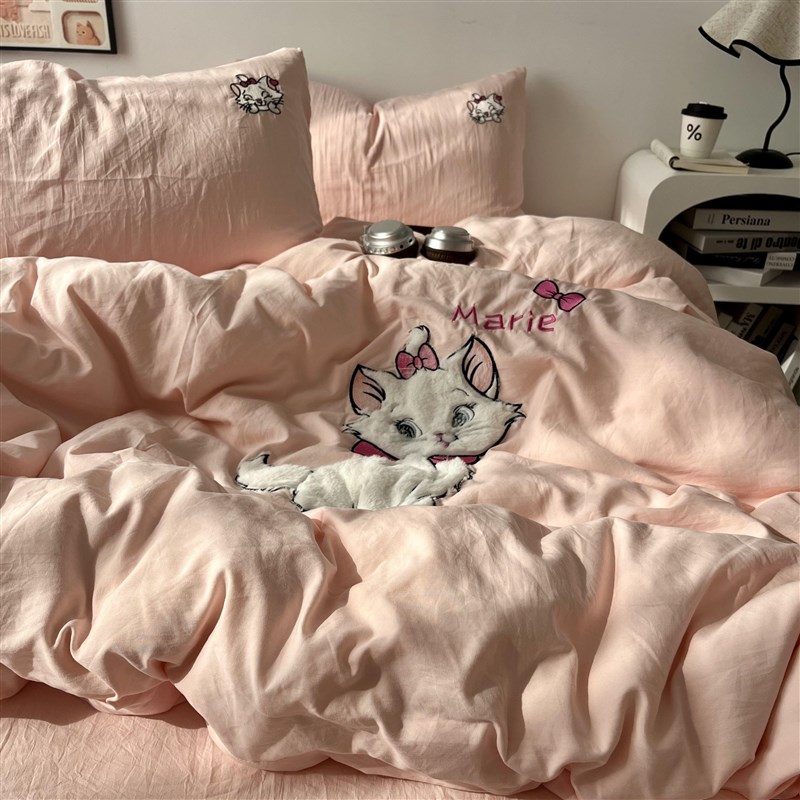 韩系ins少女浅粉可爱猫咪贴布A绣床上四件套水洗棉被套全棉三件套