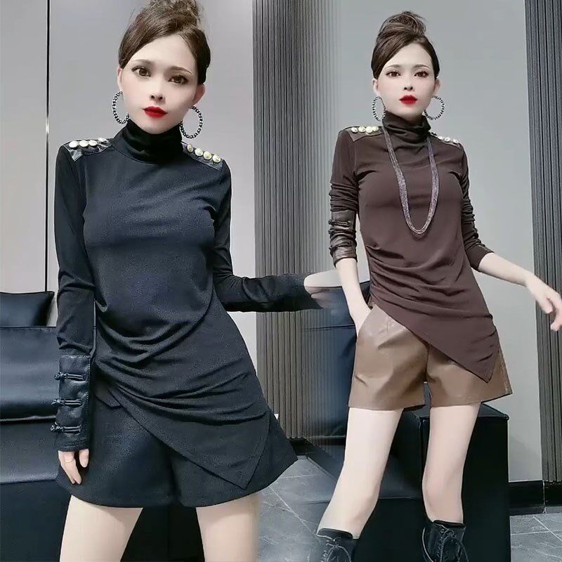 中长款T恤衫韩版秋冬季设计感气B质高龄不规则斜襟女小衫百搭打底