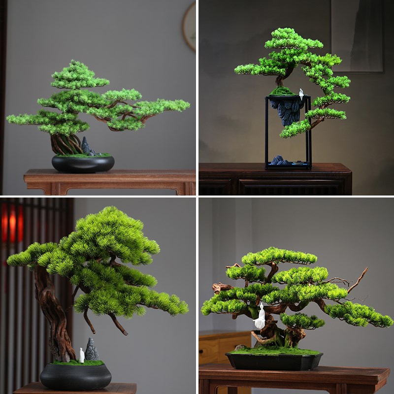 迎客松盆景造景摆件高端酒店绿植物装饰室内玄关仿真X罗汉松树盆