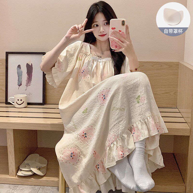 韩版睡裙女带胸垫夏季甜美花边公主风连身睡裙R夏天高级感家居服