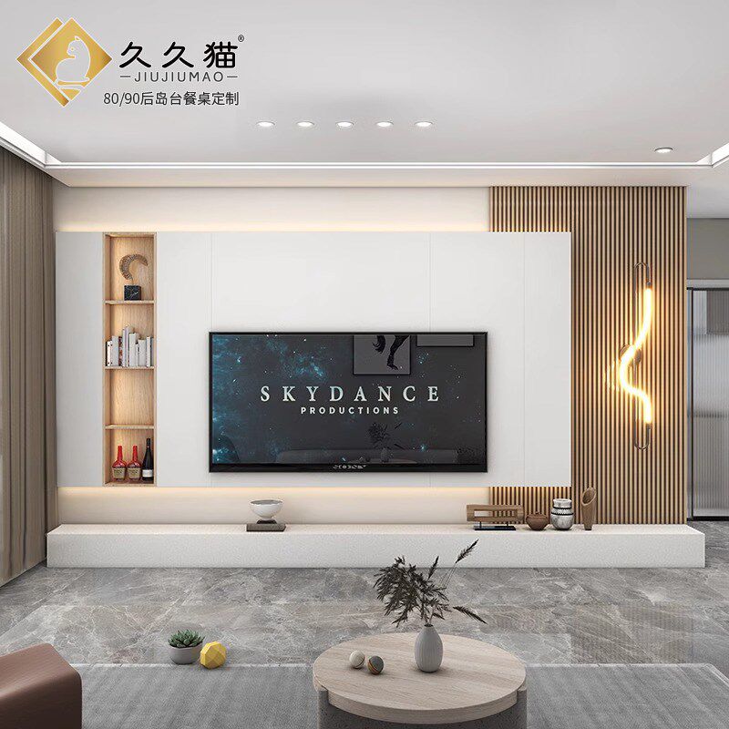 2024新款悬空岩板背景墙素色奶油白电视墙影视墙客W厅格栅纯色瓷