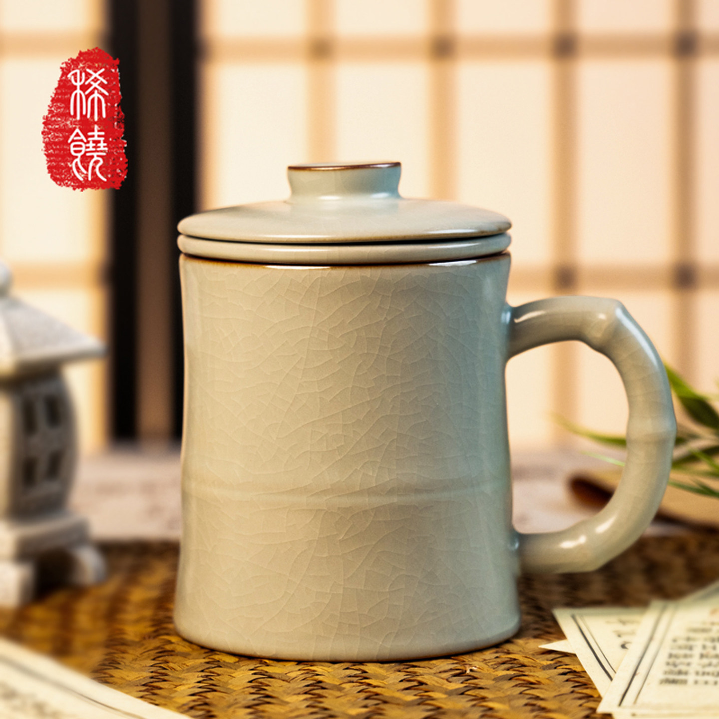 稀饶天青汝窑 茶水分离办公杯 分子料理级稀土茶具-竹君节节高升