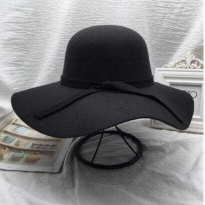 黑色渔夫帽子女秋冬韩国百搭蝴蝶结礼帽女圆顶羊毛呢大檐盆帽复古