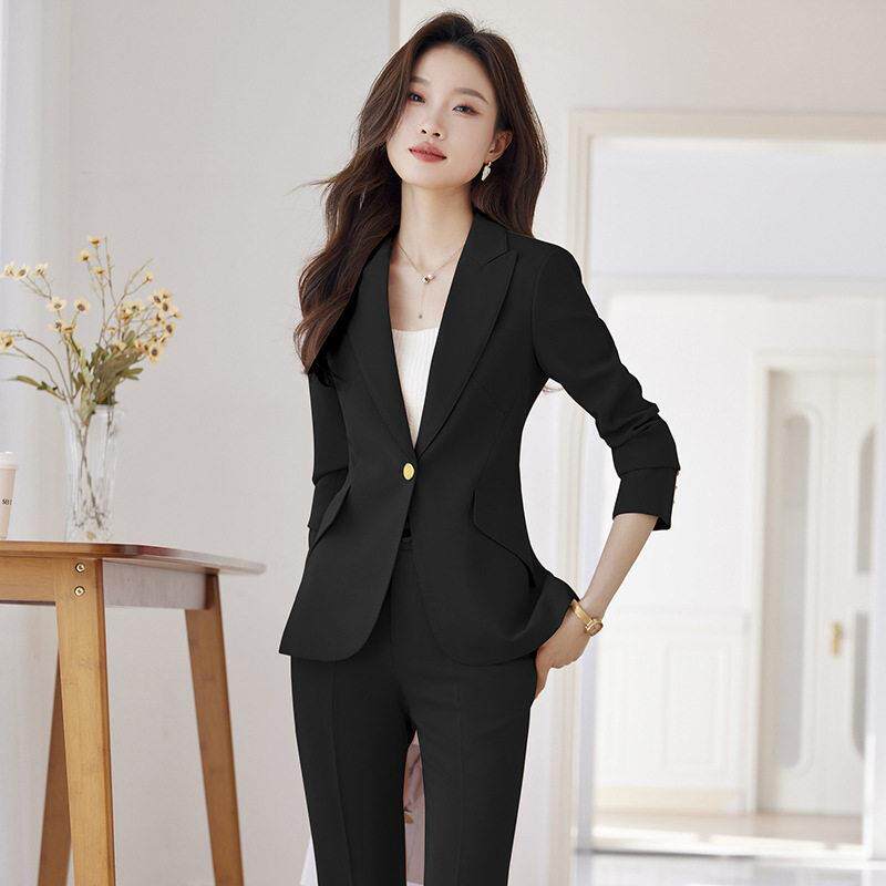 年春秋季新款粉色长袖职业小西装领外套女裤子两件套装通勤潮