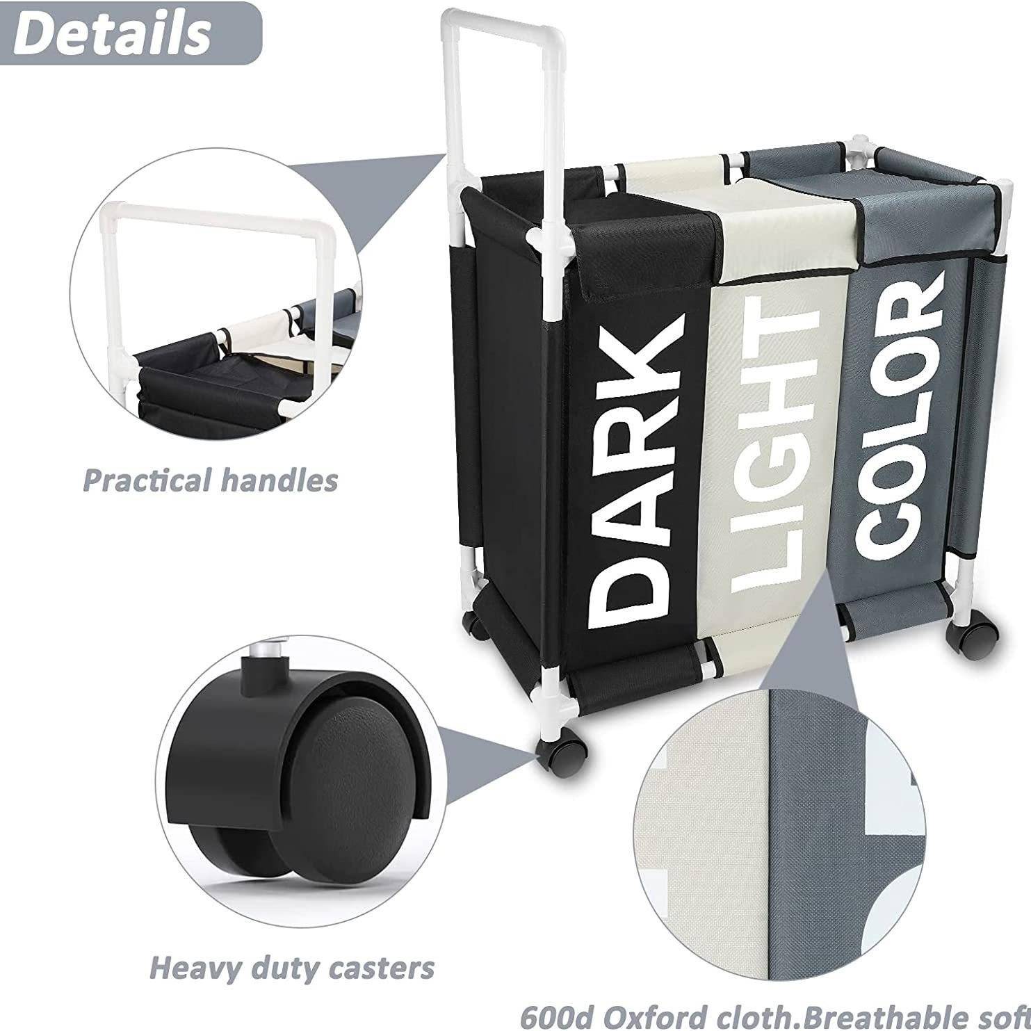 滚轮洗衣篮 3 段洗衣分类机110L防水洗衣篮带盖脏衣服篮带手柄