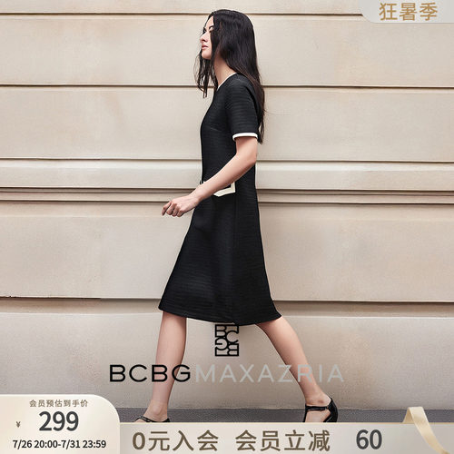 BCBG春夏设计感小香风气质简约休闲撞色薄款粗花呢连衣裙小黑裙女
