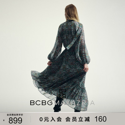 【桑蚕丝】BCBG25秋时尚气质优雅浮花梦境印花飘带领连衣裙女裙子
