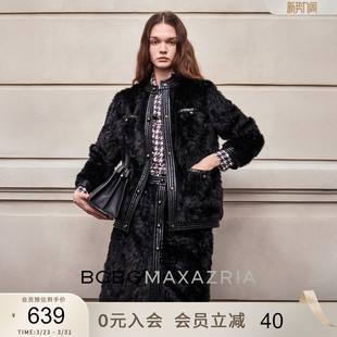 BCBG秋冬女装 气质优雅百搭金属扣皮革饰边环保皮草黑色小香风外套