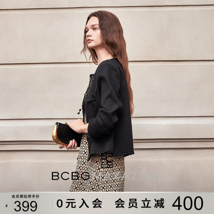 BCBG秋女装时尚流行设计感简约通勤织带饰边气质短款小香外套短款