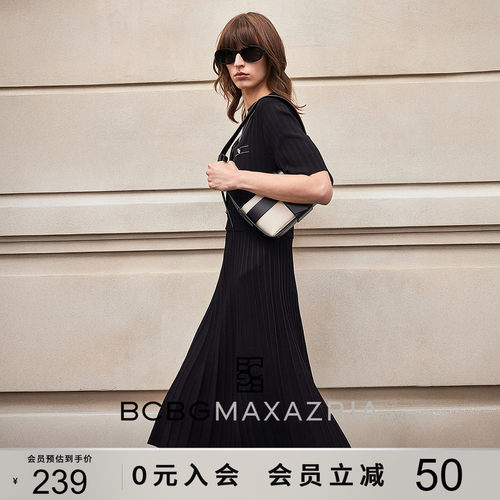 BCBG夏季银丝翻领经典气质休闲通勤收腰显瘦针织连衣裙女士小黑裙