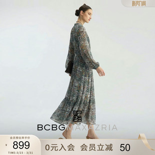 气质优雅休闲浮花梦境印花飘带领连衣裙裙子 BCBG秋时尚 桑蚕丝