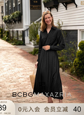 BCBG秋女装时尚经典四叶草提花V领下摆打褶醋酸衬衫连衣裙长款