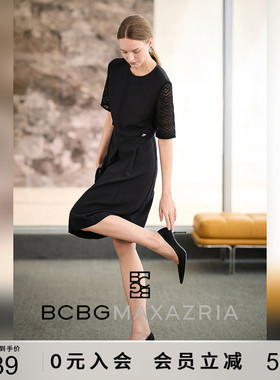 BCBG春夏时尚气质弹力肌理感万千裙装墨华苑蕾丝袖A字连衣裙黑色