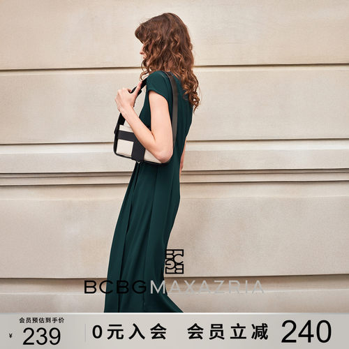 BCBG夏季万千裙装简约通勤乱麻垂感沉璧连身飞袖中长款A字连衣裙