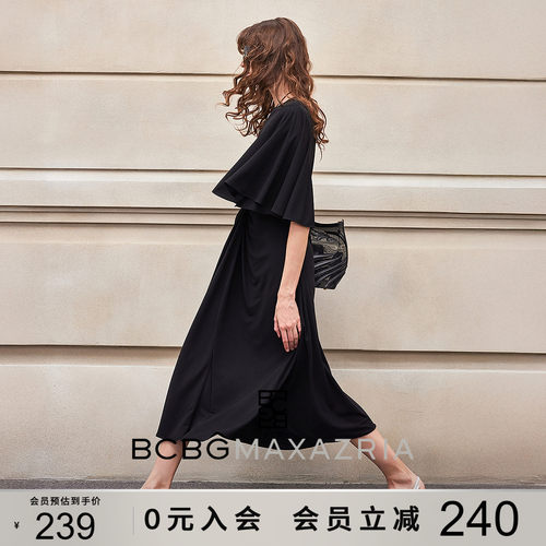 BCBG万千裙装简约肌理垂感玄凛腰部扭结设计A字女士连衣裙夏纯色