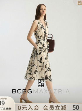 BCBG春夏女装时尚气质慢人风经典花卉印花系带收腰显瘦V领连衣裙