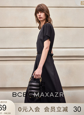 BCBG夏季万千裙装简约通勤羊毛混纺缎面拼接A字裙小黑裙女连衣裙