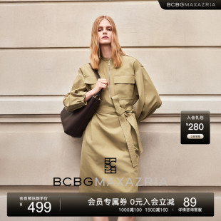袖 显瘦工装 口抽褶圆领系带女士连衣裙 优雅气质时尚 BCBG25秋冬新款