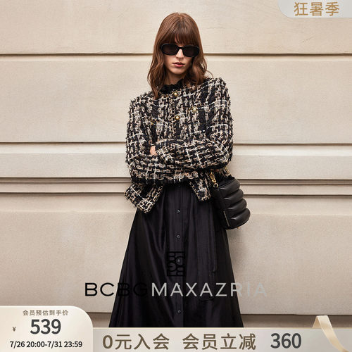 BCBG早春精致时尚流行百搭金属链饰边黑色粗花呢小香风外套短款