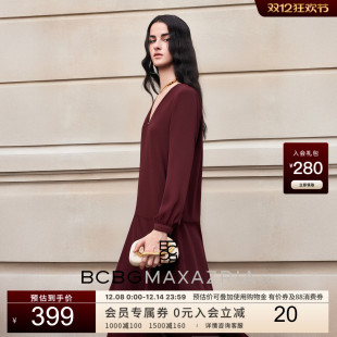 BCBG春秋简约通勤葭扇拼接双下摆灯笼袖 连衣裙 V领长袖