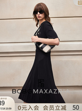 BCBG夏季银丝翻领经典气质休闲通勤收腰显瘦针织连衣裙女士小黑裙