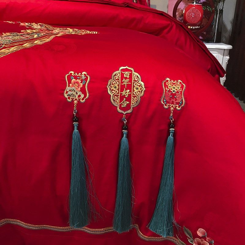 九喜狐婚庆家纺结婚床上用品婚房布置备婚四件套红色喜被天赐良缘