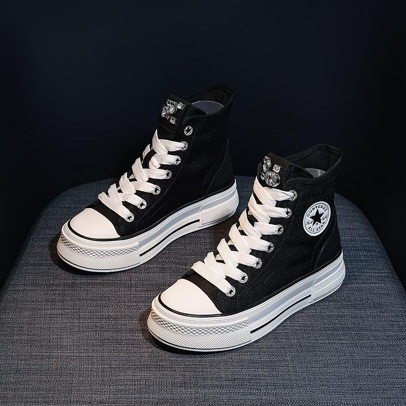 新品透气高帮帆布鞋女2025夏季新款百搭厚底板鞋小个子休闲潮流小