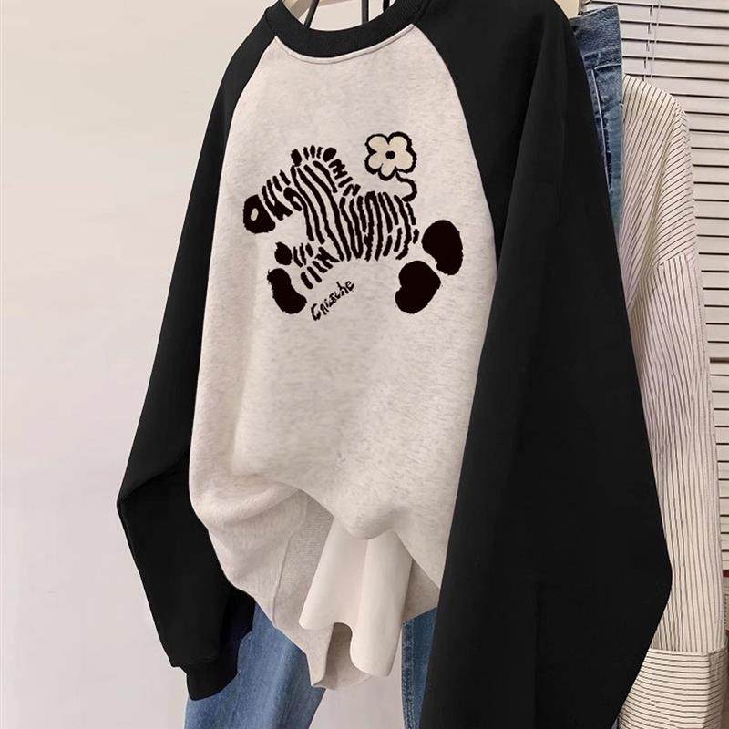 新品无帽卫衣女2025新款秋季加绒美式宽松慵懒风大码胖mm灰色圆领