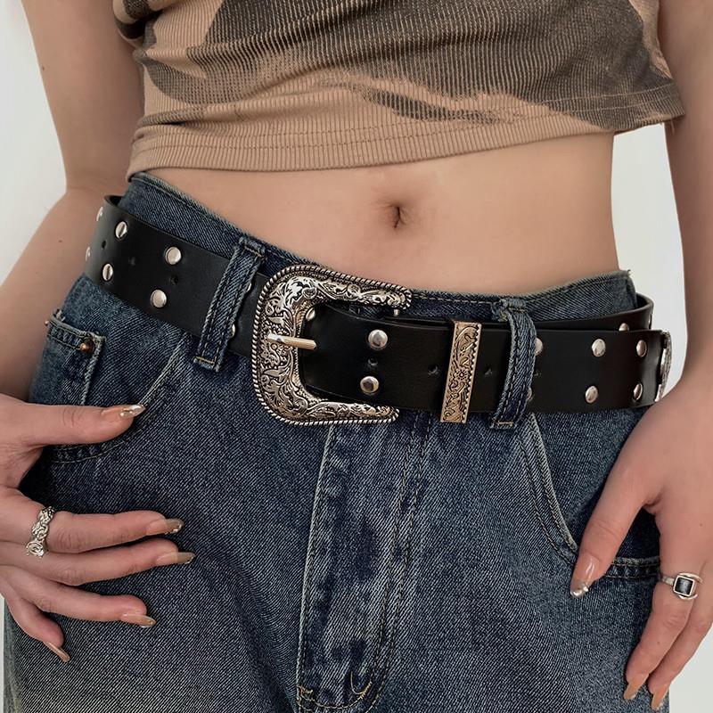 美式覆古针扣腰带女小众设计感黑色皮带百搭高级感配牛仔裤装饰潮