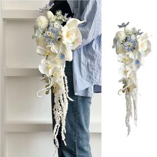 碎冰蓝瀑布新娘手捧花高级感婚礼蓝色花束婚纱摄影仿真花领证捧花