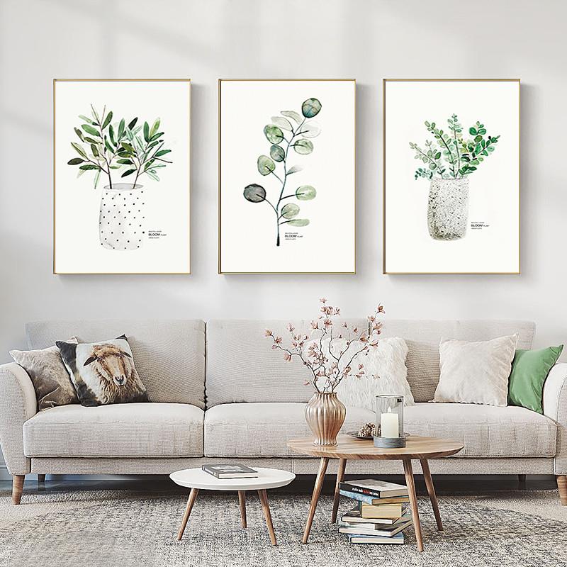 极速绿叶北欧客厅装饰画现代简约沙发背景墙挂画植物三联树叶壁画图片