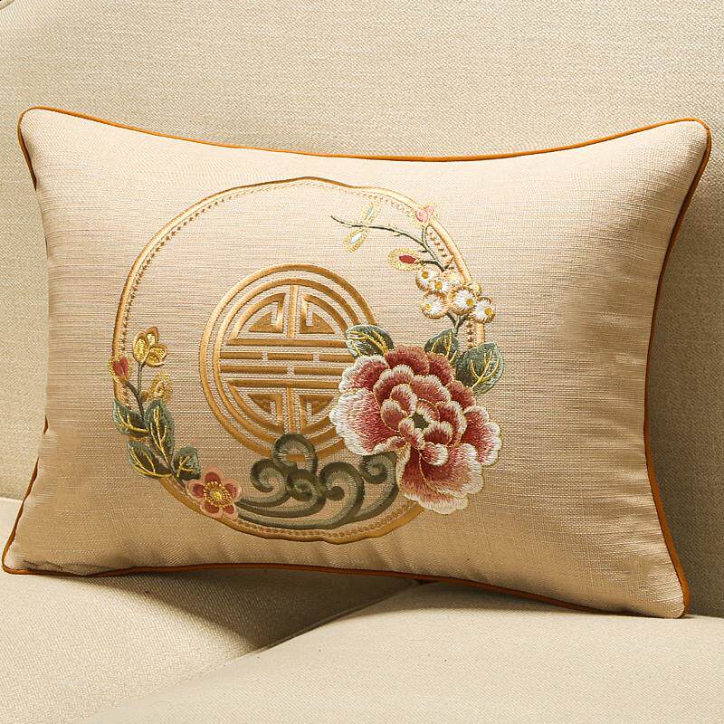 推荐中式腰枕红木沙发棉麻刺绣靠垫套客厅长方形靠背垫护腰枕抱枕