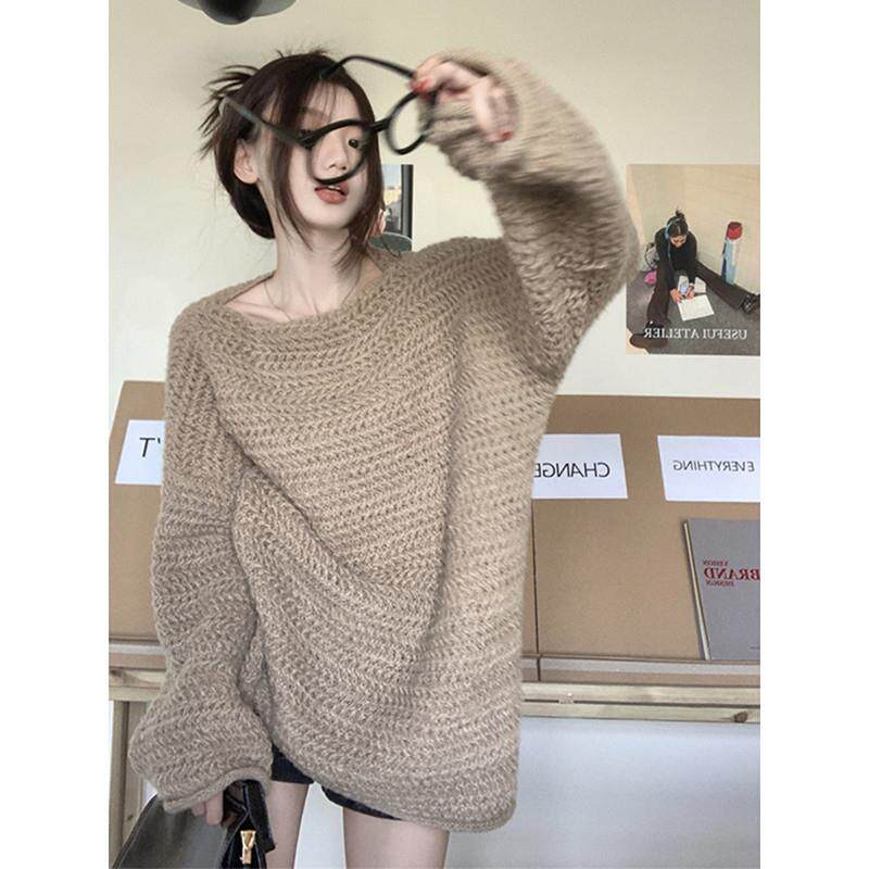 新品韩系慵懒风杏色斜肩不规则毛衣外套女秋冬中长款软糯加厚针织