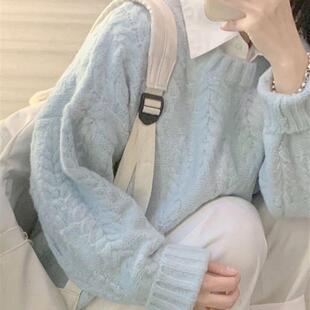 新品奶蓝色慵懒风麻花初中生高中生毛衣女秋冬新款针织衫韩系洋气
