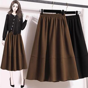 新品大码松紧腰毛呢半身裙女早秋流行穿搭胖mm显瘦遮肚中长款a字