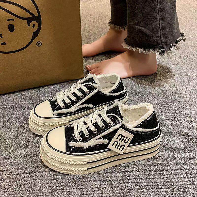 新品帆布鞋女鞋子2026新款春夏薄款透气厚底两穿一脚蹬小白鞋休闲
