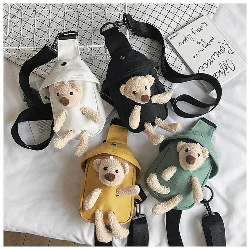 新品小熊帆布包包女2025新款潮可爱学生胸包ins网红百搭单肩斜挎